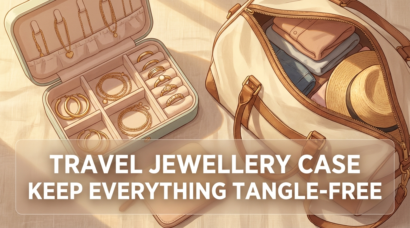 Open travel jewellery case with rings, earrings and tangle-free necklaces in padded compartments