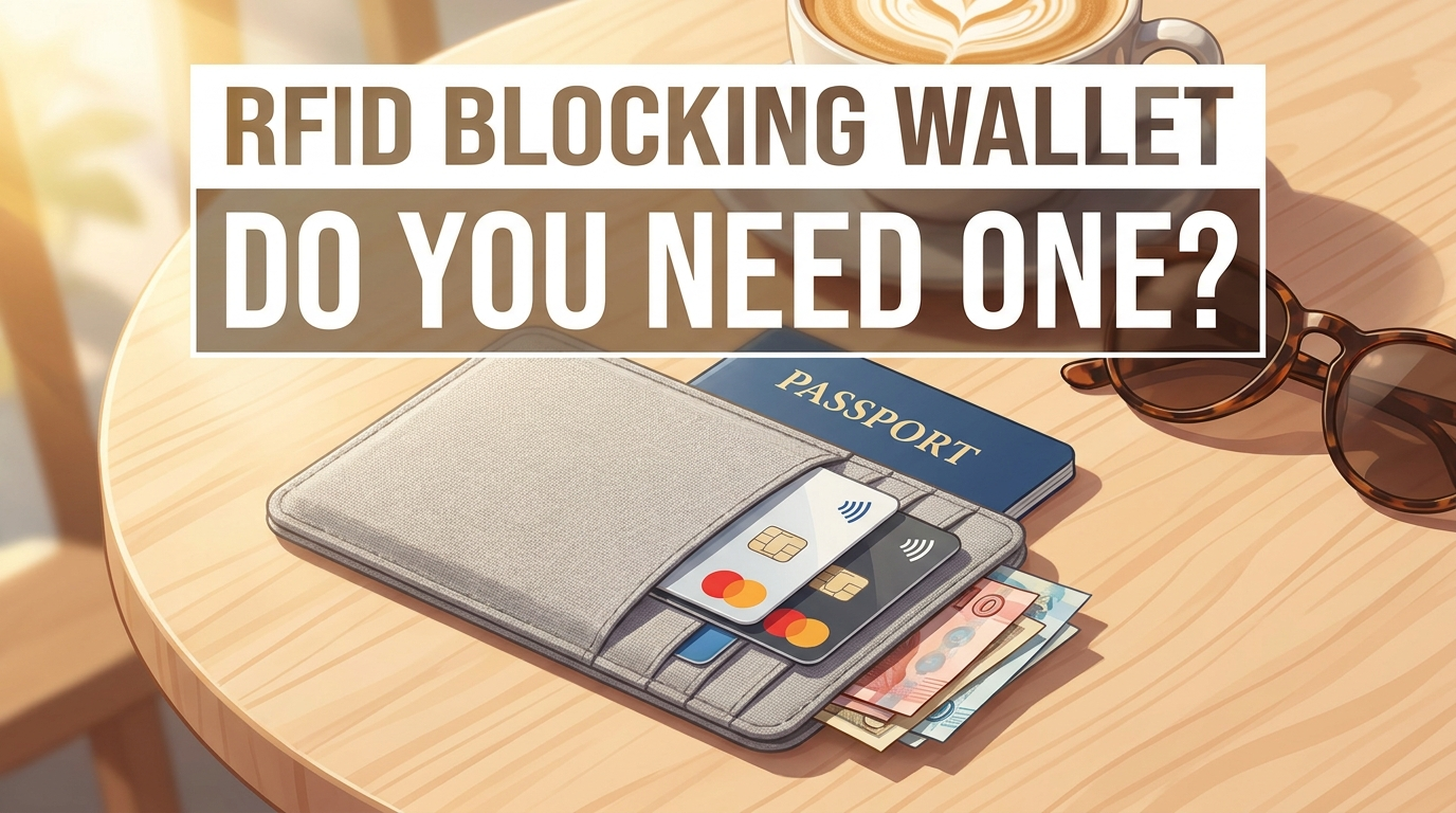 Slim RFID blocking travel wallet holding a passport and contactless cards on a cafe table